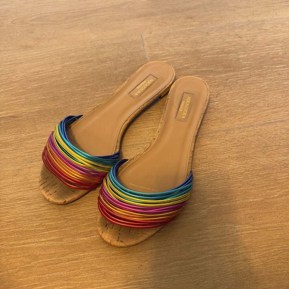 Aquazzura Rainbow Metallic Flat Sandals Size 38.5
